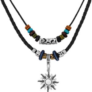 MINACHI Layered Boho Wood Bead Choker Necklace, Hollow Flower Charm, Personality Jewelry for Men and Women