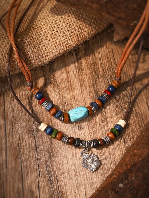 MINACHI Layered Boho Wood Bead Choker Necklace, Hollow Flower Charm, Personality Jewelry for Men and Women - Image 13