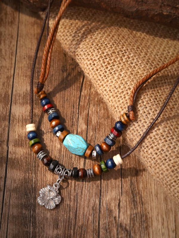 MINACHI Layered Boho Wood Bead Choker Necklace, Hollow Flower Charm, Personality Jewelry for Men and Women - Image 14