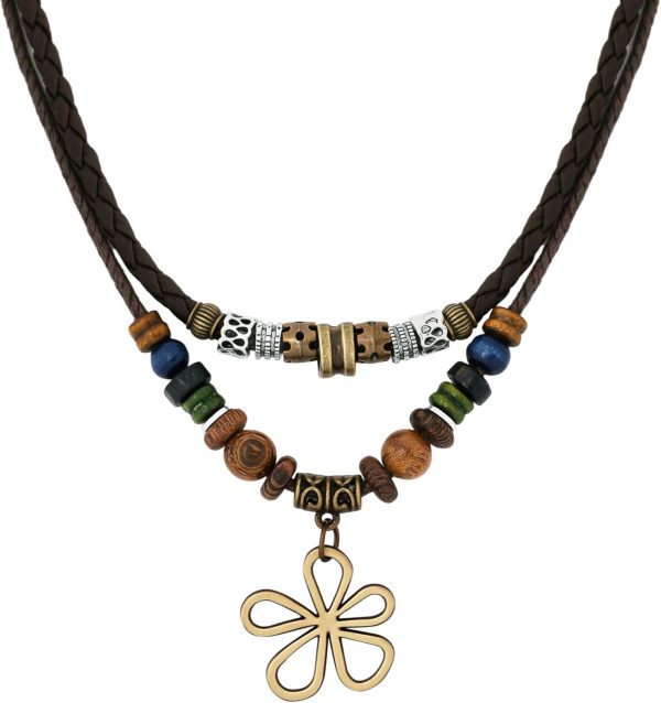 MINACHI Layered Boho Wood Bead Choker Necklace, Hollow Flower Charm, Personality Jewelry for Men and Women - Image 15