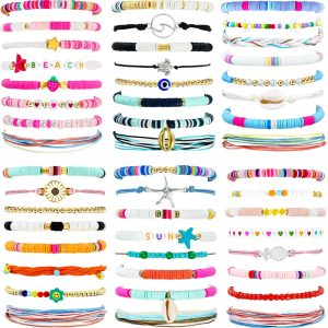 48 Pcs Surfer Heishi Bracelets Clay Beaded Bracelet Stackable Rainbow Friendship Preppy Bracelets Beach Summer Jewelry for Women