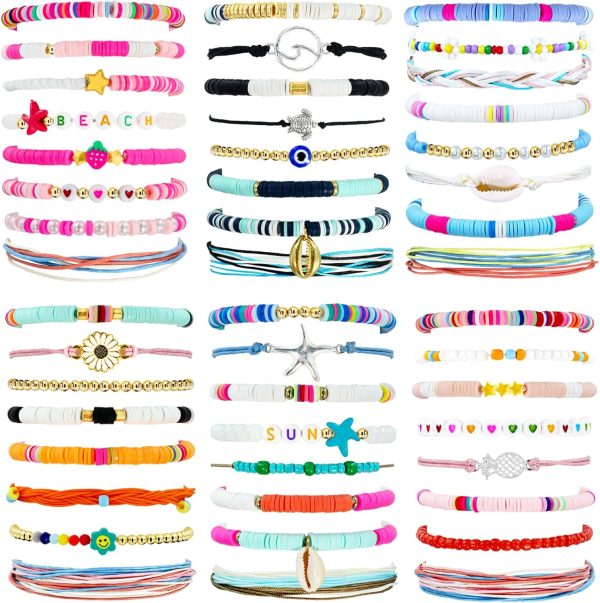48 Pcs Surfer Heishi Bracelets Clay Beaded Bracelet Stackable Rainbow Friendship Preppy Bracelets Beach Summer Jewelry for Women