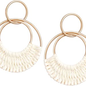 Raffia Hoop Earrings for Women Fun Boho Summer Beach Earrings Lightweight Handmade Straw Wicker Rattan Dangle Earrings Statement Geometric Round Drop Earrings
