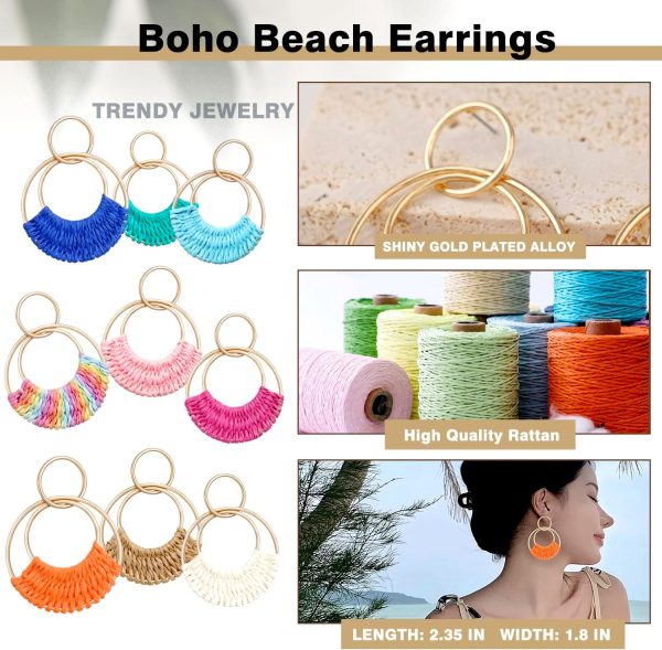 Raffia Hoop Earrings for Women Fun Boho Summer Beach Earrings Lightweight Handmade Straw Wicker Rattan Dangle Earrings Statement Geometric Round Drop Earrings - Image 6