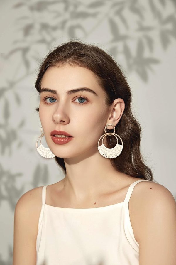 Raffia Hoop Earrings for Women Fun Boho Summer Beach Earrings Lightweight Handmade Straw Wicker Rattan Dangle Earrings Statement Geometric Round Drop Earrings - Image 7
