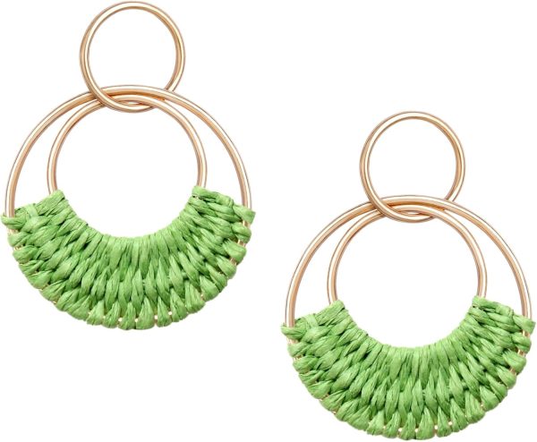 Raffia Hoop Earrings for Women Fun Boho Summer Beach Earrings Lightweight Handmade Straw Wicker Rattan Dangle Earrings Statement Geometric Round Drop Earrings - Image 8
