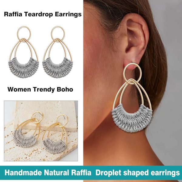 Raffia Hoop Earrings for Women Fun Boho Summer Beach Earrings Lightweight Handmade Straw Wicker Rattan Dangle Earrings Statement Geometric Round Drop Earrings - Image 15