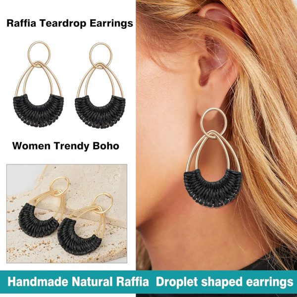 Raffia Hoop Earrings for Women Fun Boho Summer Beach Earrings Lightweight Handmade Straw Wicker Rattan Dangle Earrings Statement Geometric Round Drop Earrings - Image 21