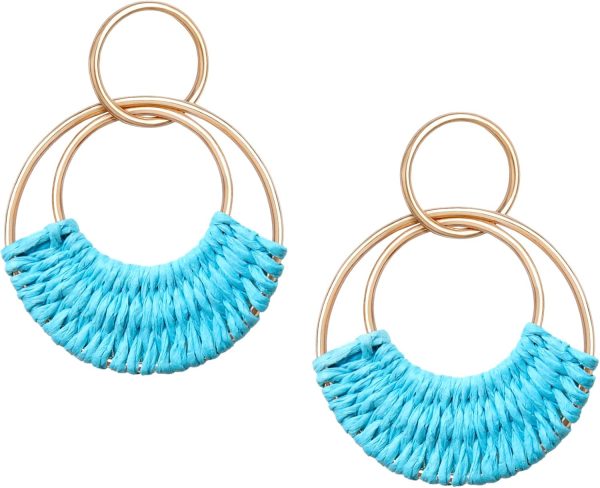 Raffia Hoop Earrings for Women Fun Boho Summer Beach Earrings Lightweight Handmade Straw Wicker Rattan Dangle Earrings Statement Geometric Round Drop Earrings - Image 31