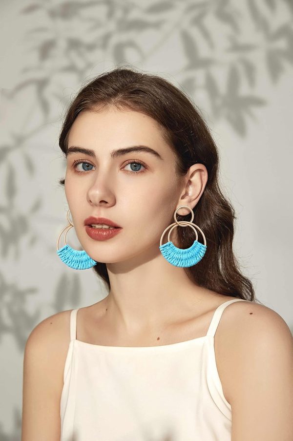 Raffia Hoop Earrings for Women Fun Boho Summer Beach Earrings Lightweight Handmade Straw Wicker Rattan Dangle Earrings Statement Geometric Round Drop Earrings - Image 35