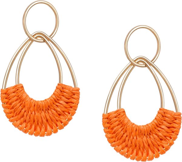 Raffia Hoop Earrings for Women Fun Boho Summer Beach Earrings Lightweight Handmade Straw Wicker Rattan Dangle Earrings Statement Geometric Round Drop Earrings - Image 44