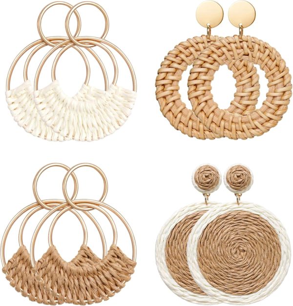 Raffia Hoop Earrings for Women Fun Boho Summer Beach Earrings Lightweight Handmade Straw Wicker Rattan Dangle Earrings Statement Geometric Round Drop Earrings - Image 54