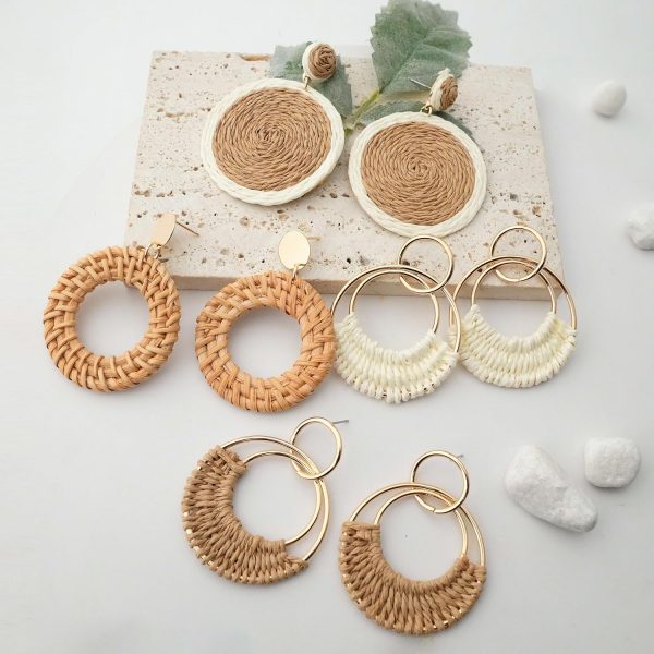 Raffia Hoop Earrings for Women Fun Boho Summer Beach Earrings Lightweight Handmade Straw Wicker Rattan Dangle Earrings Statement Geometric Round Drop Earrings - Image 55