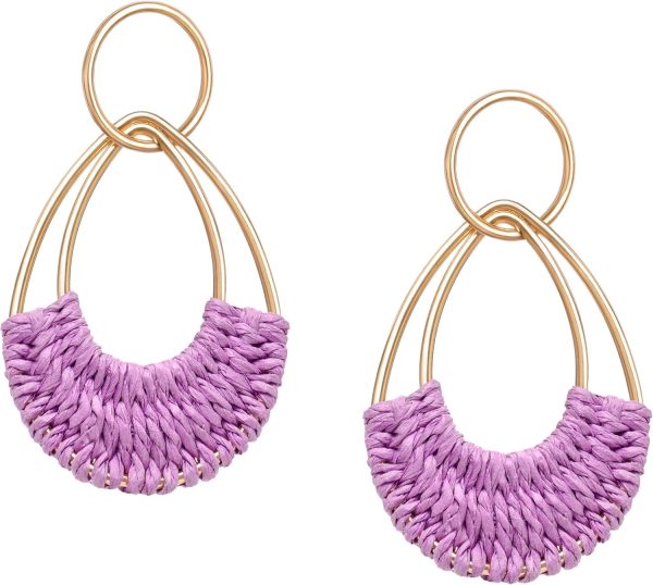 Raffia Hoop Earrings for Women Fun Boho Summer Beach Earrings Lightweight Handmade Straw Wicker Rattan Dangle Earrings Statement Geometric Round Drop Earrings - Image 73