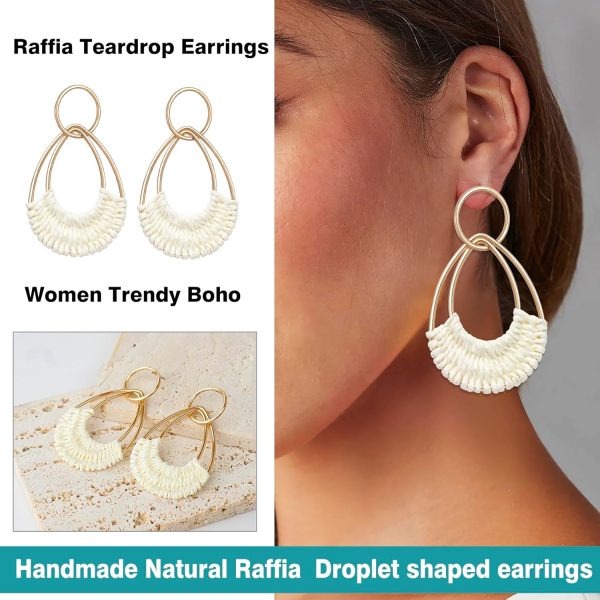 Raffia Hoop Earrings for Women Fun Boho Summer Beach Earrings Lightweight Handmade Straw Wicker Rattan Dangle Earrings Statement Geometric Round Drop Earrings - Image 85