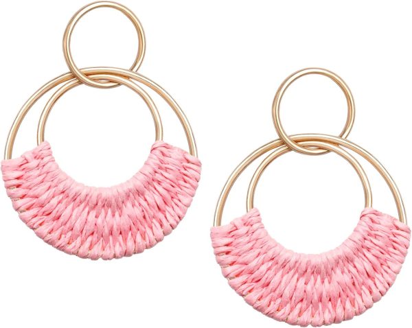 Raffia Hoop Earrings for Women Fun Boho Summer Beach Earrings Lightweight Handmade Straw Wicker Rattan Dangle Earrings Statement Geometric Round Drop Earrings - Image 88