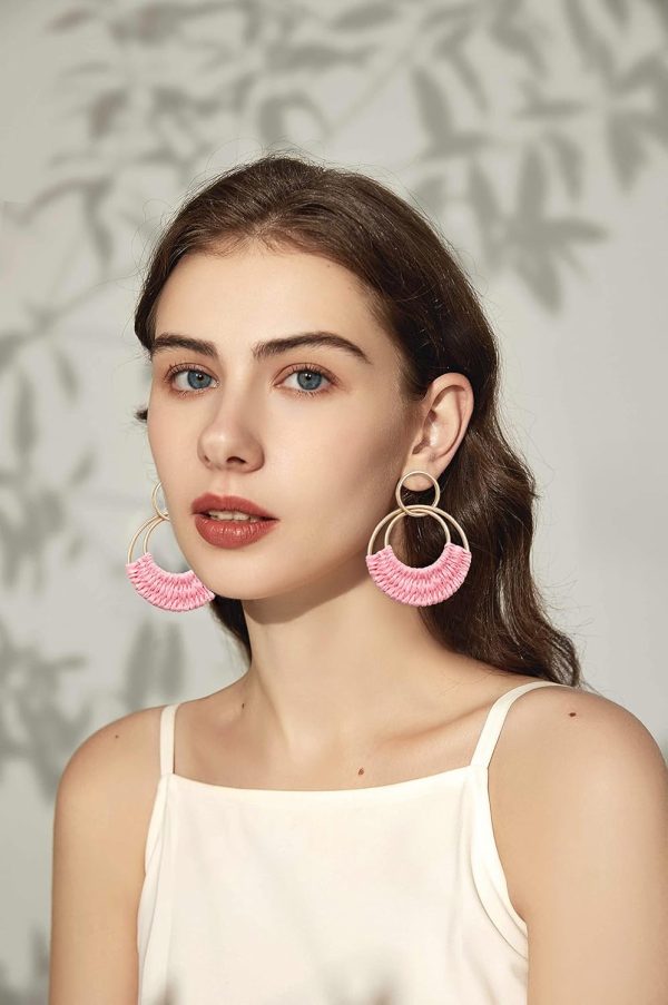 Raffia Hoop Earrings for Women Fun Boho Summer Beach Earrings Lightweight Handmade Straw Wicker Rattan Dangle Earrings Statement Geometric Round Drop Earrings - Image 93