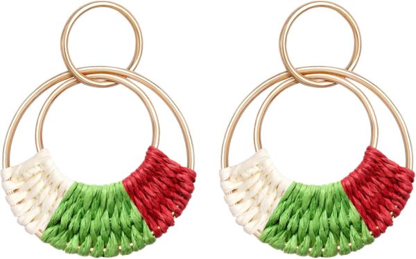 Raffia Hoop Earrings for Women Fun Boho Summer Beach Earrings Lightweight Handmade Straw Wicker Rattan Dangle Earrings Statement Geometric Round Drop Earrings - Image 94