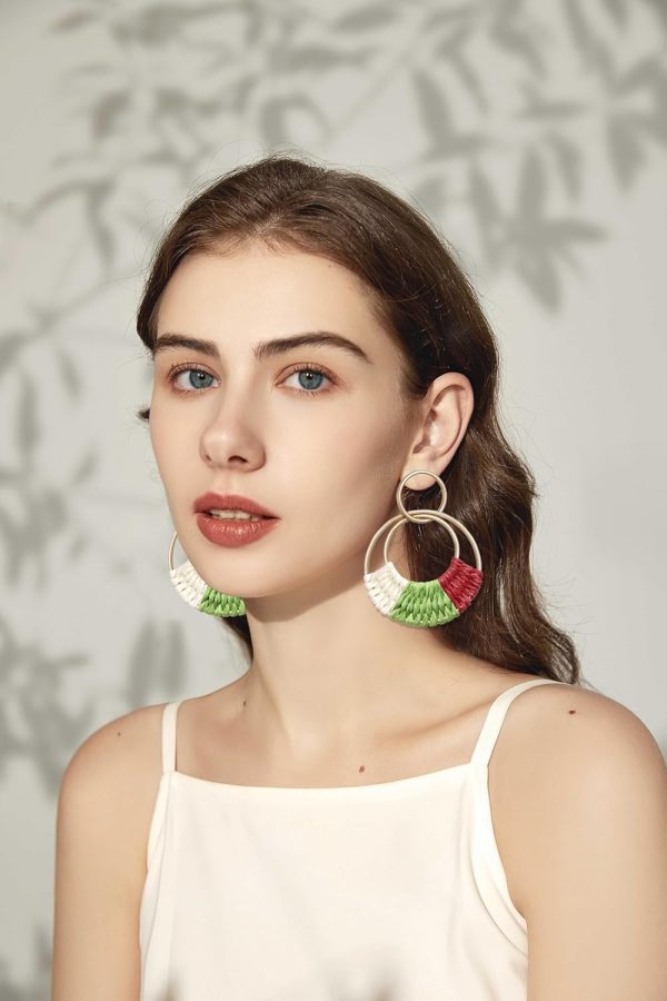 Raffia Hoop Earrings for Women Fun Boho Summer Beach Earrings Lightweight Handmade Straw Wicker Rattan Dangle Earrings Statement Geometric Round Drop Earrings - Image 95