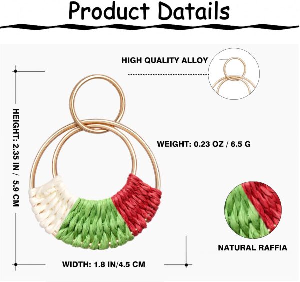 Raffia Hoop Earrings for Women Fun Boho Summer Beach Earrings Lightweight Handmade Straw Wicker Rattan Dangle Earrings Statement Geometric Round Drop Earrings - Image 100