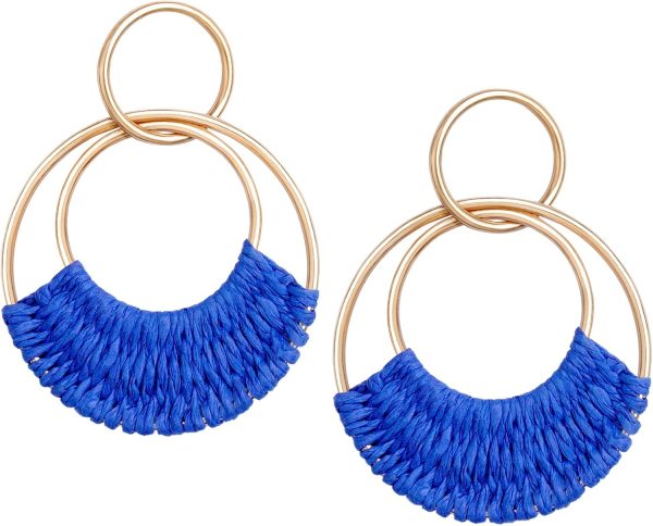 Raffia Hoop Earrings for Women Fun Boho Summer Beach Earrings Lightweight Handmade Straw Wicker Rattan Dangle Earrings Statement Geometric Round Drop Earrings - Image 101