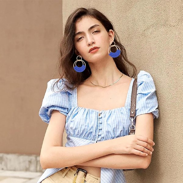 Raffia Hoop Earrings for Women Fun Boho Summer Beach Earrings Lightweight Handmade Straw Wicker Rattan Dangle Earrings Statement Geometric Round Drop Earrings - Image 102