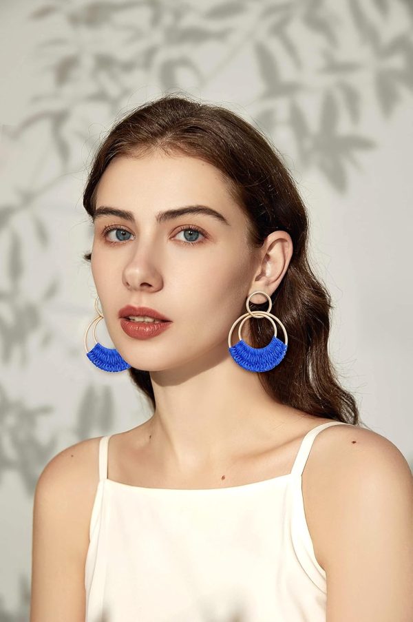 Raffia Hoop Earrings for Women Fun Boho Summer Beach Earrings Lightweight Handmade Straw Wicker Rattan Dangle Earrings Statement Geometric Round Drop Earrings - Image 106