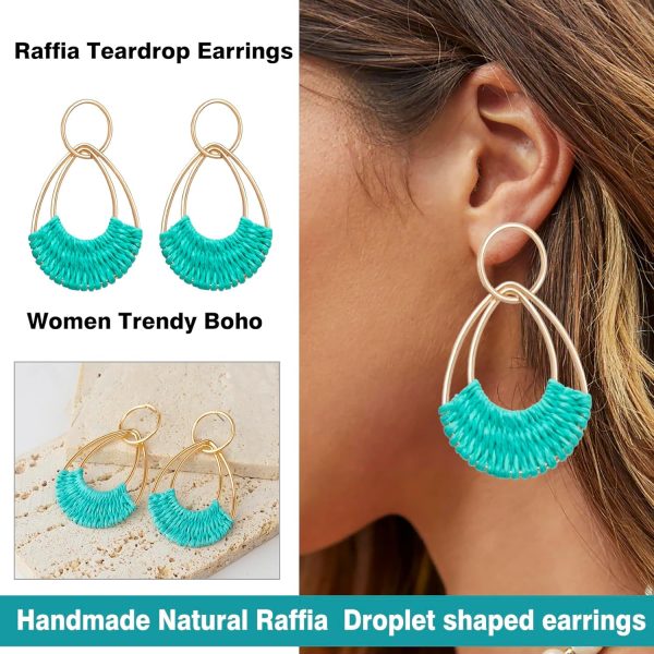 Raffia Hoop Earrings for Women Fun Boho Summer Beach Earrings Lightweight Handmade Straw Wicker Rattan Dangle Earrings Statement Geometric Round Drop Earrings - Image 109