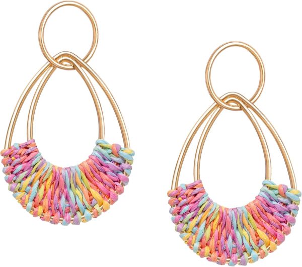 Raffia Hoop Earrings for Women Fun Boho Summer Beach Earrings Lightweight Handmade Straw Wicker Rattan Dangle Earrings Statement Geometric Round Drop Earrings - Image 112
