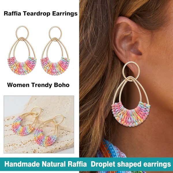Raffia Hoop Earrings for Women Fun Boho Summer Beach Earrings Lightweight Handmade Straw Wicker Rattan Dangle Earrings Statement Geometric Round Drop Earrings - Image 114