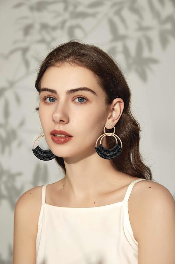Raffia Hoop Earrings for Women Fun Boho Summer Beach Earrings Lightweight Handmade Straw Wicker Rattan Dangle Earrings Statement Geometric Round Drop Earrings - Image 129