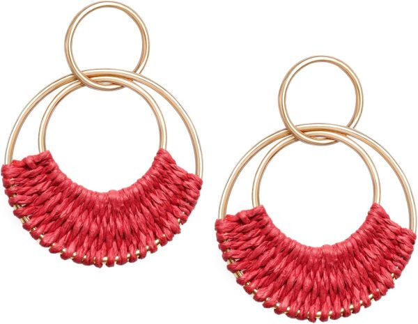 Raffia Hoop Earrings for Women Fun Boho Summer Beach Earrings Lightweight Handmade Straw Wicker Rattan Dangle Earrings Statement Geometric Round Drop Earrings - Image 136