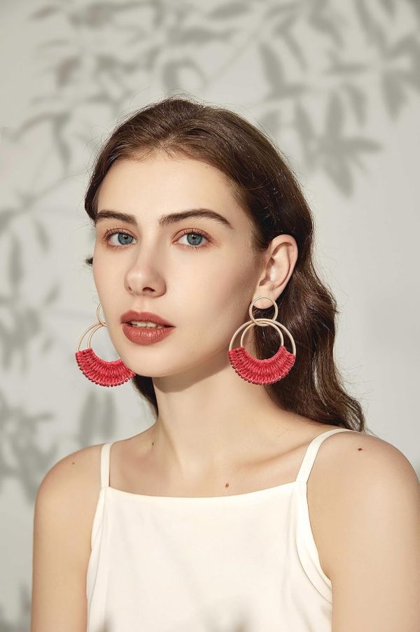 Raffia Hoop Earrings for Women Fun Boho Summer Beach Earrings Lightweight Handmade Straw Wicker Rattan Dangle Earrings Statement Geometric Round Drop Earrings - Image 141