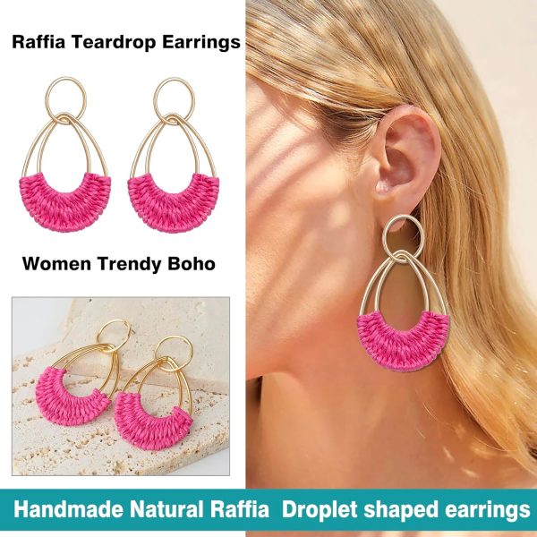 Raffia Hoop Earrings for Women Fun Boho Summer Beach Earrings Lightweight Handmade Straw Wicker Rattan Dangle Earrings Statement Geometric Round Drop Earrings - Image 144