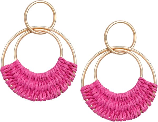 Raffia Hoop Earrings for Women Fun Boho Summer Beach Earrings Lightweight Handmade Straw Wicker Rattan Dangle Earrings Statement Geometric Round Drop Earrings - Image 147
