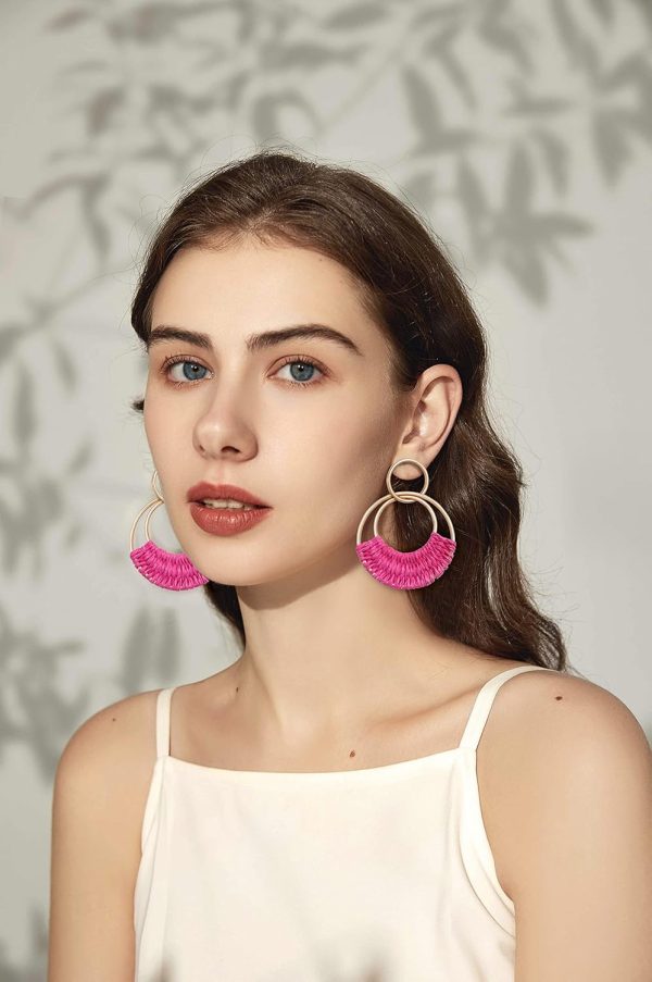 Raffia Hoop Earrings for Women Fun Boho Summer Beach Earrings Lightweight Handmade Straw Wicker Rattan Dangle Earrings Statement Geometric Round Drop Earrings - Image 152