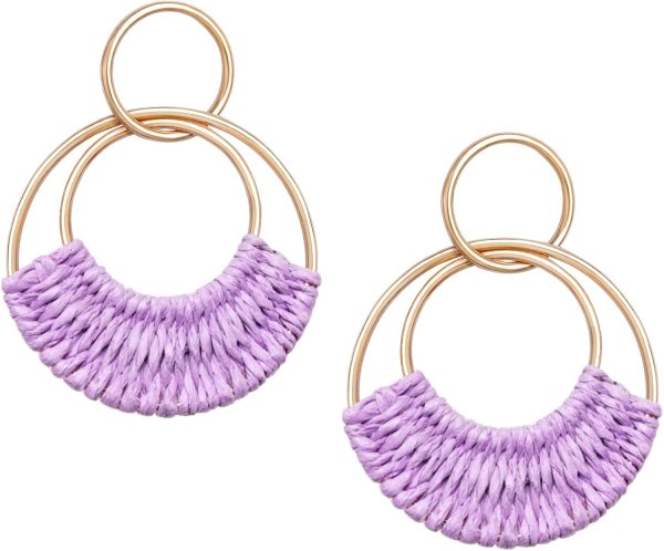 Raffia Hoop Earrings for Women Fun Boho Summer Beach Earrings Lightweight Handmade Straw Wicker Rattan Dangle Earrings Statement Geometric Round Drop Earrings - Image 153