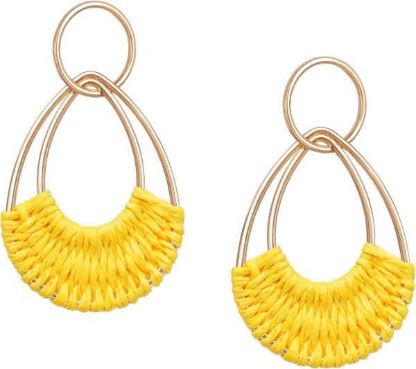 Raffia Hoop Earrings for Women Fun Boho Summer Beach Earrings Lightweight Handmade Straw Wicker Rattan Dangle Earrings Statement Geometric Round Drop Earrings - Image 158