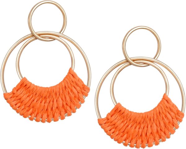 Raffia Hoop Earrings for Women Fun Boho Summer Beach Earrings Lightweight Handmade Straw Wicker Rattan Dangle Earrings Statement Geometric Round Drop Earrings - Image 162
