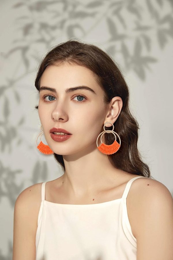 Raffia Hoop Earrings for Women Fun Boho Summer Beach Earrings Lightweight Handmade Straw Wicker Rattan Dangle Earrings Statement Geometric Round Drop Earrings - Image 167