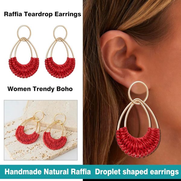 Raffia Hoop Earrings for Women Fun Boho Summer Beach Earrings Lightweight Handmade Straw Wicker Rattan Dangle Earrings Statement Geometric Round Drop Earrings - Image 170