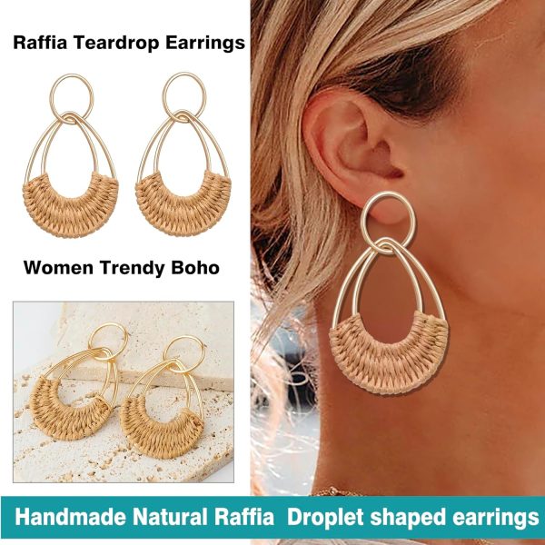 Raffia Hoop Earrings for Women Fun Boho Summer Beach Earrings Lightweight Handmade Straw Wicker Rattan Dangle Earrings Statement Geometric Round Drop Earrings - Image 175