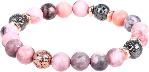 1pc Natural Stone Beaded Bracelet, Handmade Zebra Volcanic Stone Bracelet Decorations with Happy 70th Card, 70th Birthday Gifts for Women Men 70 Year Old Birthday Gift for Mom Dad, Pink & Black