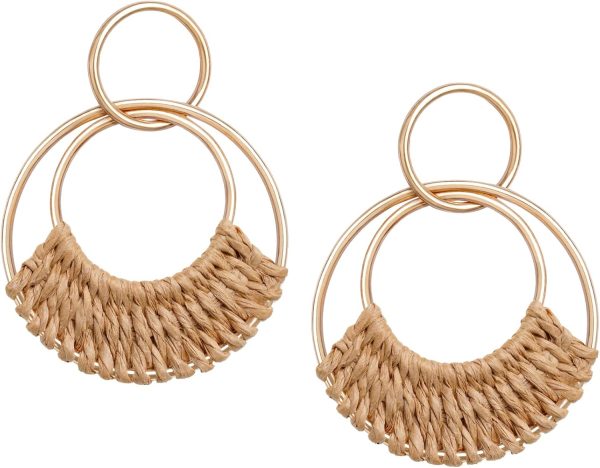 Raffia Hoop Earrings for Women Fun Boho Summer Beach Earrings Lightweight Handmade Straw Wicker Rattan Dangle Earrings Statement Geometric Round Drop Earrings - Image 178