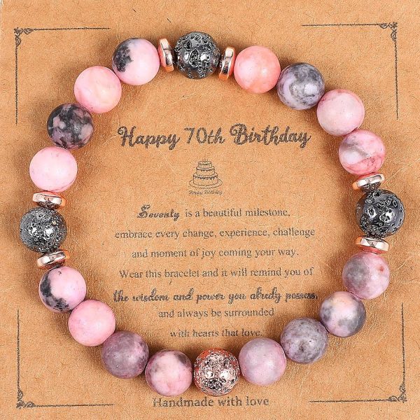 1pc Natural Stone Beaded Bracelet, Handmade Zebra Volcanic Stone Bracelet Decorations with Happy 70th Card, 70th Birthday Gifts for Women Men 70 Year Old Birthday Gift for Mom Dad, Pink & Black - Image 2