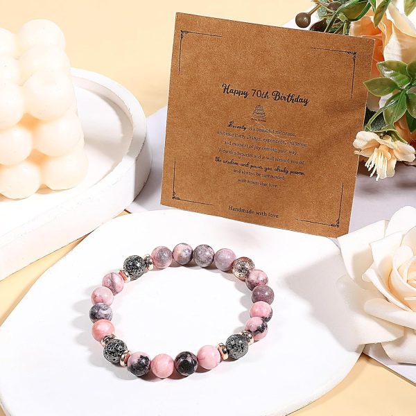 1pc Natural Stone Beaded Bracelet, Handmade Zebra Volcanic Stone Bracelet Decorations with Happy 70th Card, 70th Birthday Gifts for Women Men 70 Year Old Birthday Gift for Mom Dad, Pink & Black - Image 3