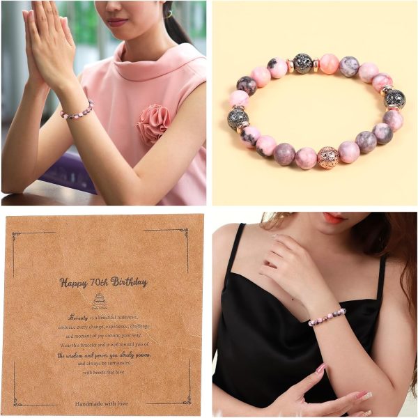 1pc Natural Stone Beaded Bracelet, Handmade Zebra Volcanic Stone Bracelet Decorations with Happy 70th Card, 70th Birthday Gifts for Women Men 70 Year Old Birthday Gift for Mom Dad, Pink & Black - Image 4