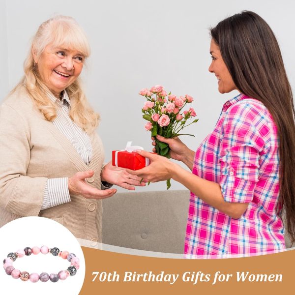 1pc Natural Stone Beaded Bracelet, Handmade Zebra Volcanic Stone Bracelet Decorations with Happy 70th Card, 70th Birthday Gifts for Women Men 70 Year Old Birthday Gift for Mom Dad, Pink & Black - Image 5