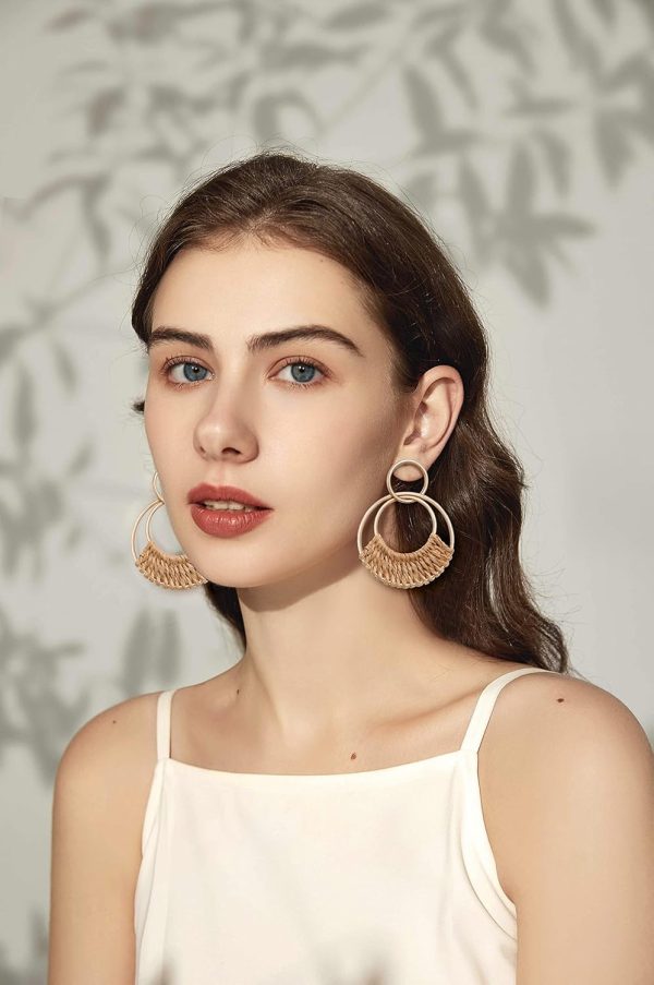 Raffia Hoop Earrings for Women Fun Boho Summer Beach Earrings Lightweight Handmade Straw Wicker Rattan Dangle Earrings Statement Geometric Round Drop Earrings - Image 183
