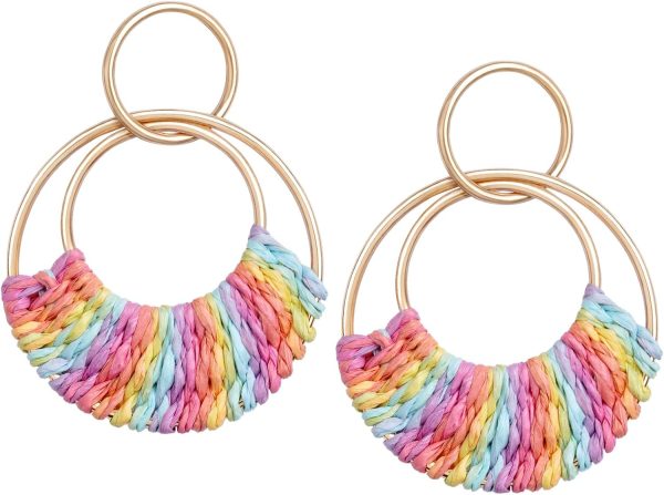 Raffia Hoop Earrings for Women Fun Boho Summer Beach Earrings Lightweight Handmade Straw Wicker Rattan Dangle Earrings Statement Geometric Round Drop Earrings - Image 184